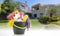 Cleaning supplies in a bucket against blur house exterior background