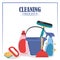 Cleaning supplies bucket plunger brush spray sponge and squeegee