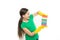 Cleaning supplies. Girl in rubber gloves for cleaning hold many colorful sponges white background. Help clean up