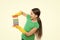 Cleaning supplies. Girl in rubber gloves for cleaning hold many colorful sponges white background. Help clean up