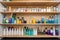 cleaning supplies shelf, neatly organized and fully stocked