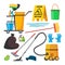 Cleaning Supplies Vector. Professional Commercial Cleaning Equipment Set. Cart, Vacuum Cleaner. Isolated Flat