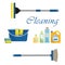 Cleaning time concept with a bucket, a mop, detergents and other cleaning products