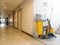 Cleaning tools cart wait for maid or cleaner in the hospital. Bucket and set of cleaning equipment in the hospital. Concept of ser