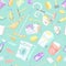 Cleaning tools seamless pattern. House icons background. Washing machine, Detergents Cleanser, Water bucket for Mopping