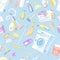 Cleaning tools seamless pattern. House icons background. Washing machine, Detergents Cleanser, Water bucket for Mopping