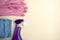 Cleaning tools. Top view detergent spray bottle, fabric, rubber gloves. Bathroom cleaning service and housekeeping