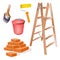 Cleaning tools wooden ladder, paint brush decorator, Paint roller paintroller repairman,bucket ,bricks watercolor on a white