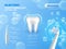 Cleaning toothbrush poster. Whiting bristle. Realistic electrical teeth brush in foam. Soap bubbles. Shiny molar. Dental