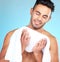 Cleaning, towel and face of man clean after wellness wash, facial cleaning routine and skincare mockup. Happiness, smile
