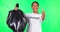 Cleaning, volunteer and woman on green screen for waste trash, pollution and climate change in thumbs up emoji. Face