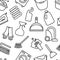 Cleaning, wash line icons. Washing machine, sponge, mop, iron, vacuum cleaner, shovel clining background. Order in the house thin