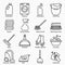 Cleaning, wash line icons. Washing machine, sponge, mop, iron, vacuum cleaner, shovel and other clining icon. Order in the house t