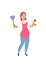 Cleaning woman. The cleaner stands in pink apron. In hands spray and a brush for removal of dust. Character vector illustration.