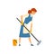 Cleaning Woman Mopping the Floor, Maid Character Wearing Uniform with Blue Dress and White Apron, Cleaning Service