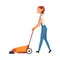 Cleaning Woman Pushing Floor Cleaning Machine, Professional Worker Character Dressed in Blue Overalls and Rubber Gloves
