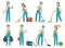 Cleaning workers. Professional cleaning staff, domestic cleaner worker and cleaners equipment. Home clean cartoon vector set