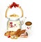 Clear background with bakery, cup of tea and ornate teap