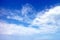Clear blue sky and white clouds background, cloudy daytime cyan cosmos banner, cloudless climate wallpaper