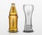 Clear bottle with beer and empty tall glass