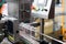 Clear Bottles transfer on Conveyor Belt System. Industrial and f