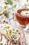 A clear Cup of medicinal chamomile tea on an old wooden table. Health and healthy lifestyle concept