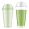 Clear empty tall cup with dome lid, realistic mock-up. Transparent plastic tumbler for takeaway drinks, vector illustration