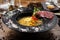 Clear Fish soup served in a bowl in restaurant