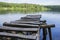 Clear forest lake landscape and footbridge