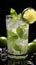 Clear glass filled with refreshing water, garnished with ice and a zesty lime