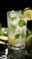 Clear glass filled with refreshing water, garnished with ice and a zesty lime