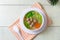 Clear glass noodle soup with Minced Pork and Vegetables ,Gaeng Jued Woon Sen
