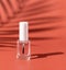 Clear Glass Refillable Bottle with Brush Cap on pink, palm leaf hard shadow. Nail product Mockup