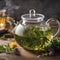 A clear glass teapot brewing a fragrant herbal infusion with steam rising2