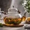 A clear glass teapot brewing a fragrant herbal infusion with steam rising3