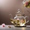 A clear glass teapot filled with blooming tea, unfurling its beautiful petals4