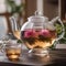 A clear glass teapot filled with fragrant blooming tea and steam rising2