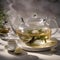 A clear glass teapot filled with fragrant blooming tea and steam rising4