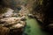 Clear green mountain river in Georgia. Martvili canyon. Okatse canyon