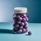 Clear jar filled with purple spherical objects, white cap, on light blue surface