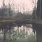 Clear morning by small lake with reflections. Vintage.