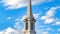 Clear Panorama Exterior of a beautiful church with a white steeple against cloudy blue sky
