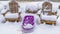 Clear Panorama Purple sled in the middle of wooden chairs on a frosted ground in winter