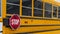 Clear Panorama Side view of a school bus on a road passing through snowy homes in winter