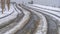 Clear Panorama Tracks on a snowy road in Daybreak during winter