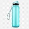 Clear plastic water bottle with carry strap on transparent background, realistic vector illustration. Sport fitness flask, mockup