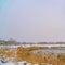 Clear Square Panorama of a lake in Daybreak with snow blanketing the grass lined shore