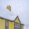 Clear Square Snowy yellow home viewed through falling snow