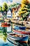 A clear summer day with small fishing boats, houses, a small city around the lake