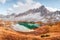 Clear turquoise water of alpine lake Piani in the Tre Cime Di Laveredo